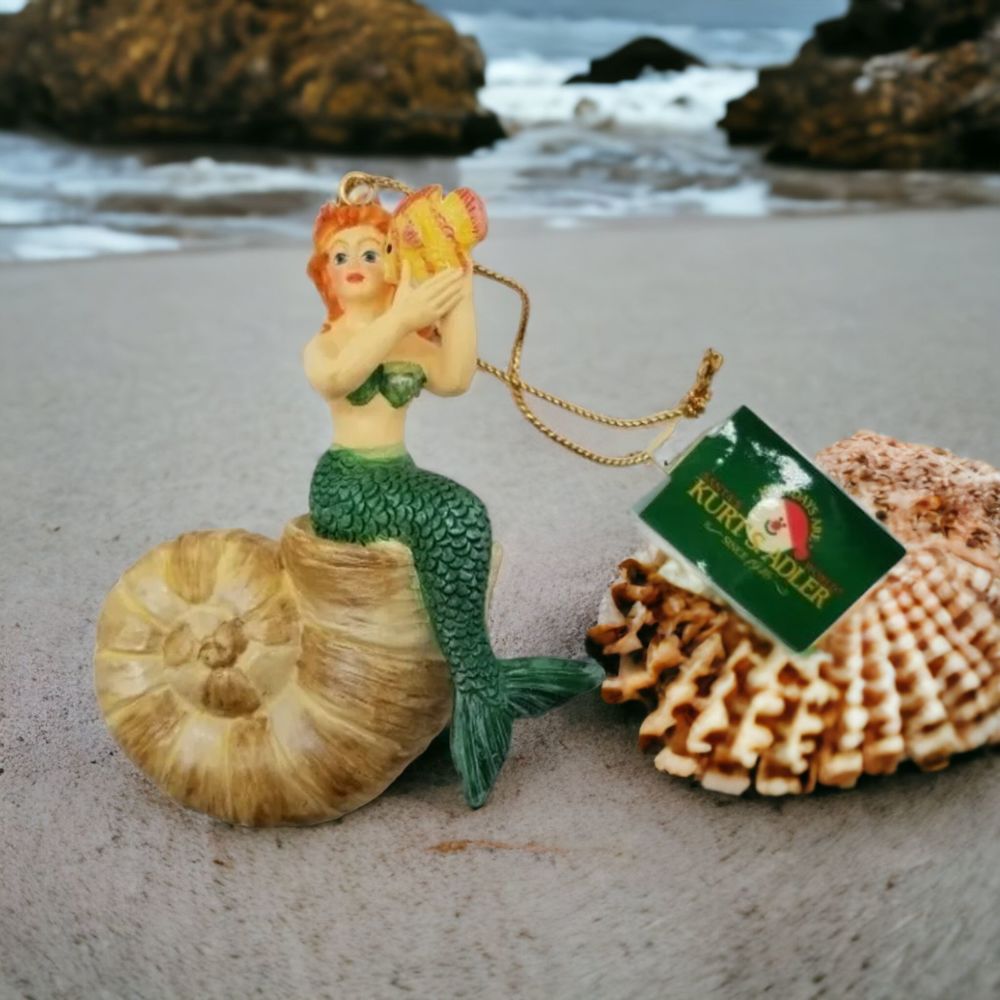 Kurt S Adler Green Fin Orange Hair Mermaid on Snail Shell Ornament